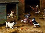 Edgar Hunt Puppies and Pigeons playing by a Kennel painting